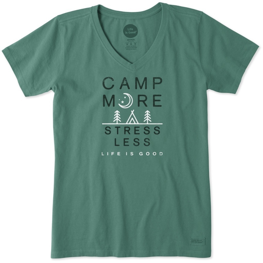 Life is Good Women’s Camp More Stress Les Tee Shortsleeve V-Neck in Green SP